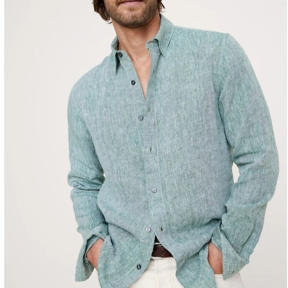 Banana Republic Mens XXL Linen Blend Button Down Shirt Light Green Long Sleeve